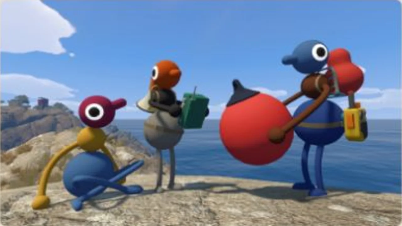 Four colorful Big Walk characters standing together near the coast